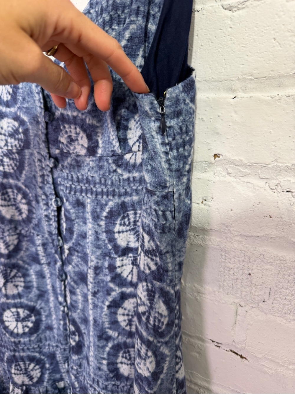 Ralph Lauren Linen Geo Print Maxi Dress Blue White Tiered A-Line Tie Die Size 12 - Picture 10 of 12